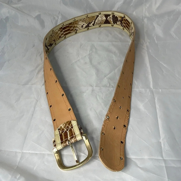 PUNTO FIBBIA Snakeskin Print Genuine Leather Wide Belt Rounded Gold Buckle L - Picture 5 of 10